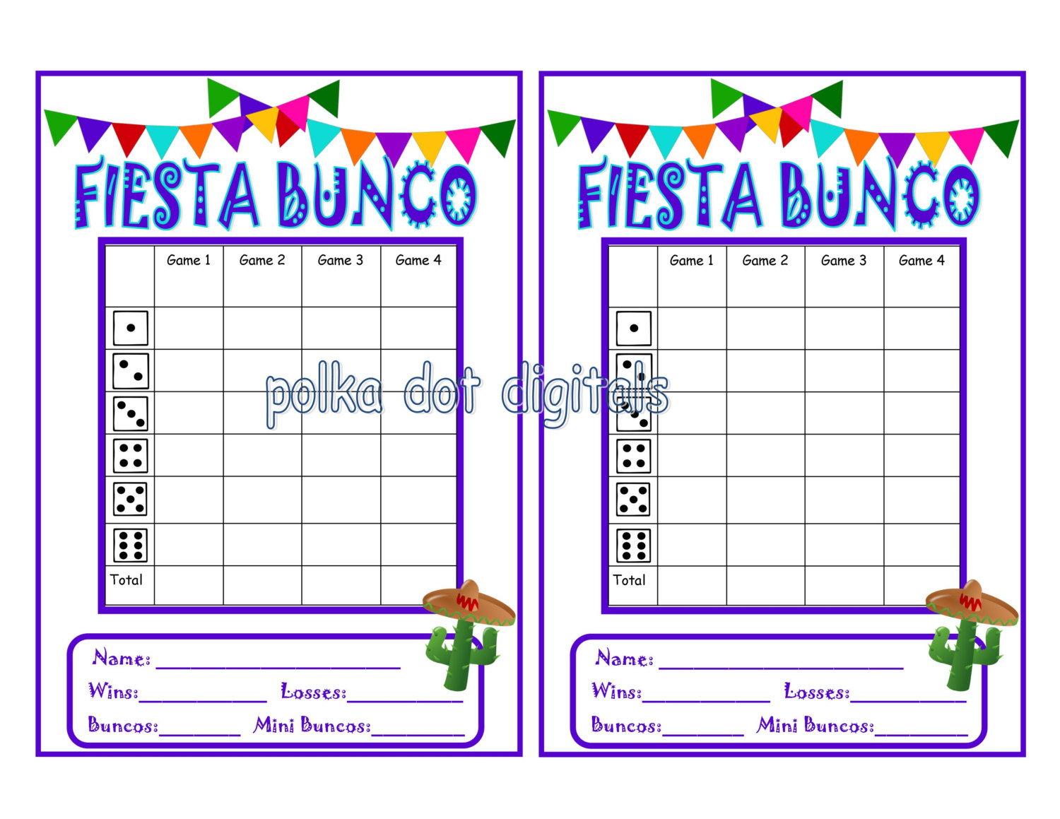 Buy 2 Get 1 Free FIESTA Bunco Score Card Sheet by PolkaDotDigitals