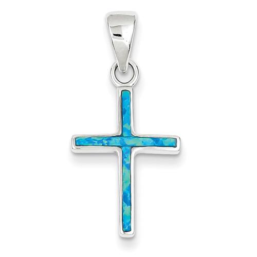 Sterling Silver Blue Inlay Created Opal Thin Cross Pendant. Metal ...