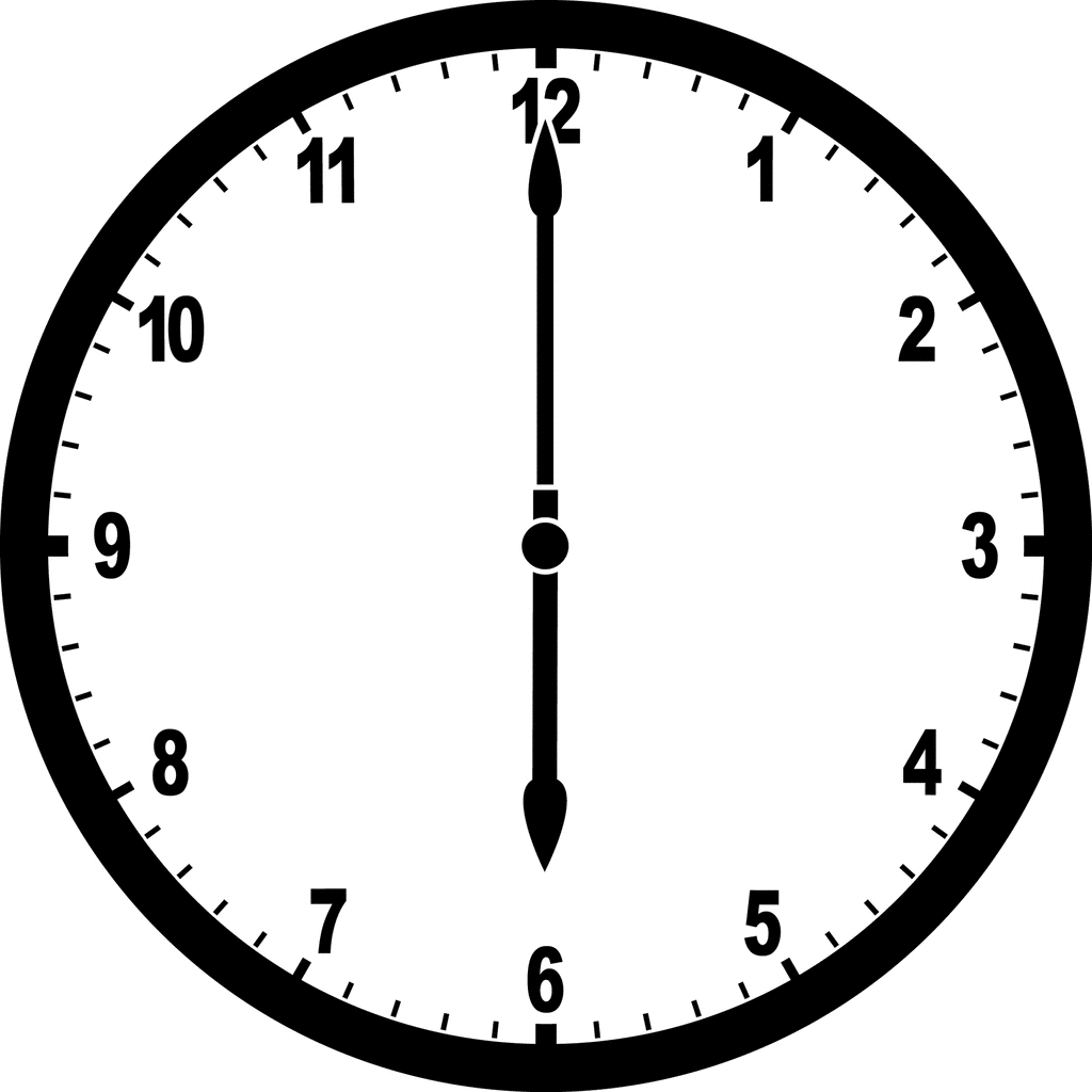 Round clock with numbers showing time 6:00