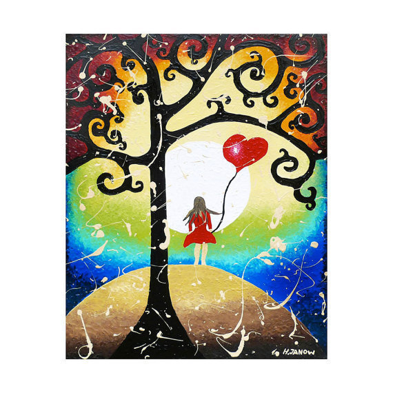 Tree Art ORIGINAL ARTWORK - Hand Painted Red Heart Balloon - Red ...