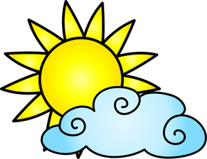 Clip art image of a bright yellow sun peeking out behind a cloud