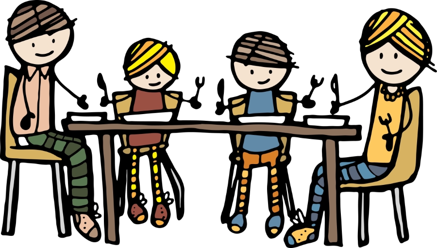 3 kids teens sitting at lunch at school table clipart