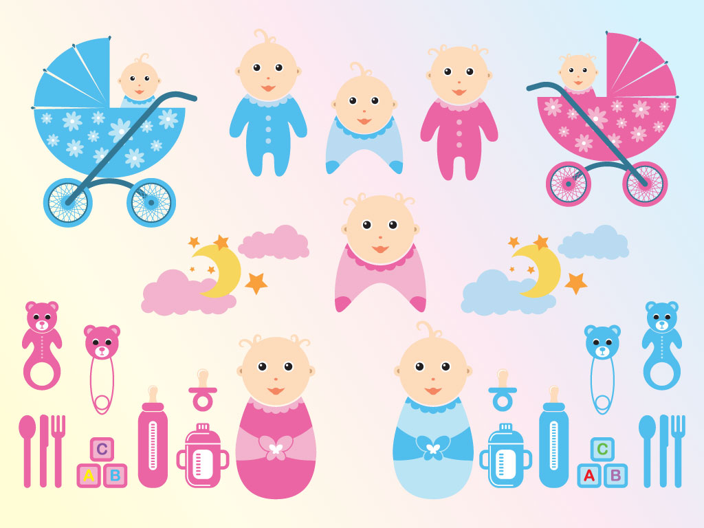 This cartoon vector pack has baby dolls with toys including, soother, buggy, bottle, building blocks, moon and stars, toys, children’s fork, spoon and knife. Nice design elements for a birthday party or