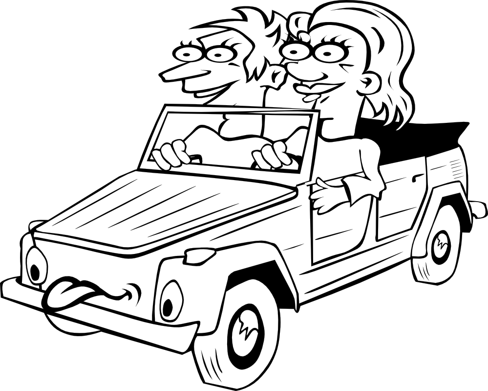girl boy driving car cartoon bw SVG