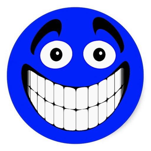 Blauer großer Grinsen-Smiley Runder Aufkleber von Zazzle.