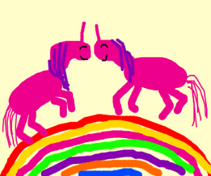 Pink fluffy unicorns dancing on rainbows