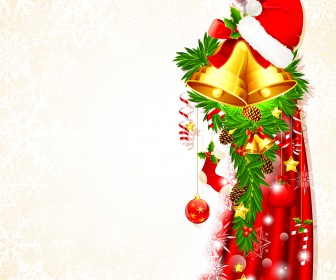Christmas background with bells and Santa Claus hat vector ...