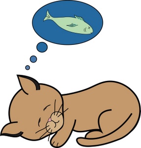 Dreaming Clipart Image - Sleeping kitten or cat dreaming of fish ...