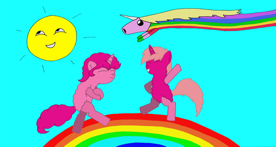 Animation: Pink fluffy Unicorns dancing on rainbow by ...