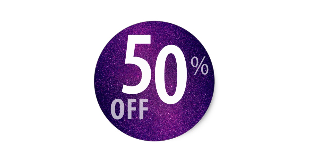 Powerful 50 OFF SALE Sign Purple Glitter Round Sticker Zazzle