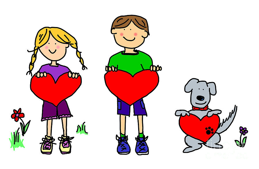 Boy And Girl And Dog Cartoon Holding Heart Shape Sign Digital Art ...