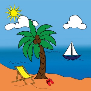 Beach Clipart Image: Tropical Paradise with Sailboat on the Ocean and Palm Tree, Sandals and Beach Chair