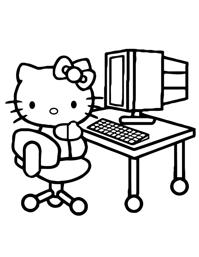 Hello Kitty In Front Of Computer Coloring Page | H & M Coloring Pages
