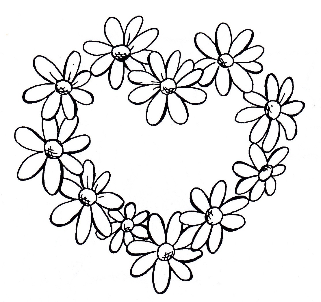 Black outline drawing daisy.