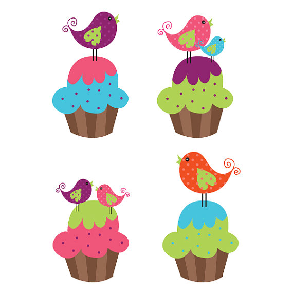 Cute Cupcake Birds Clipart Great for by CollectiveCreation