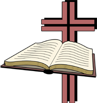Open Bible before a Cross. The cross image has a cross voided ...