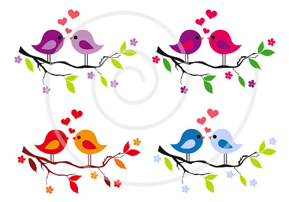 Cute baby birds on tree branch with red hearts love by Illustree
