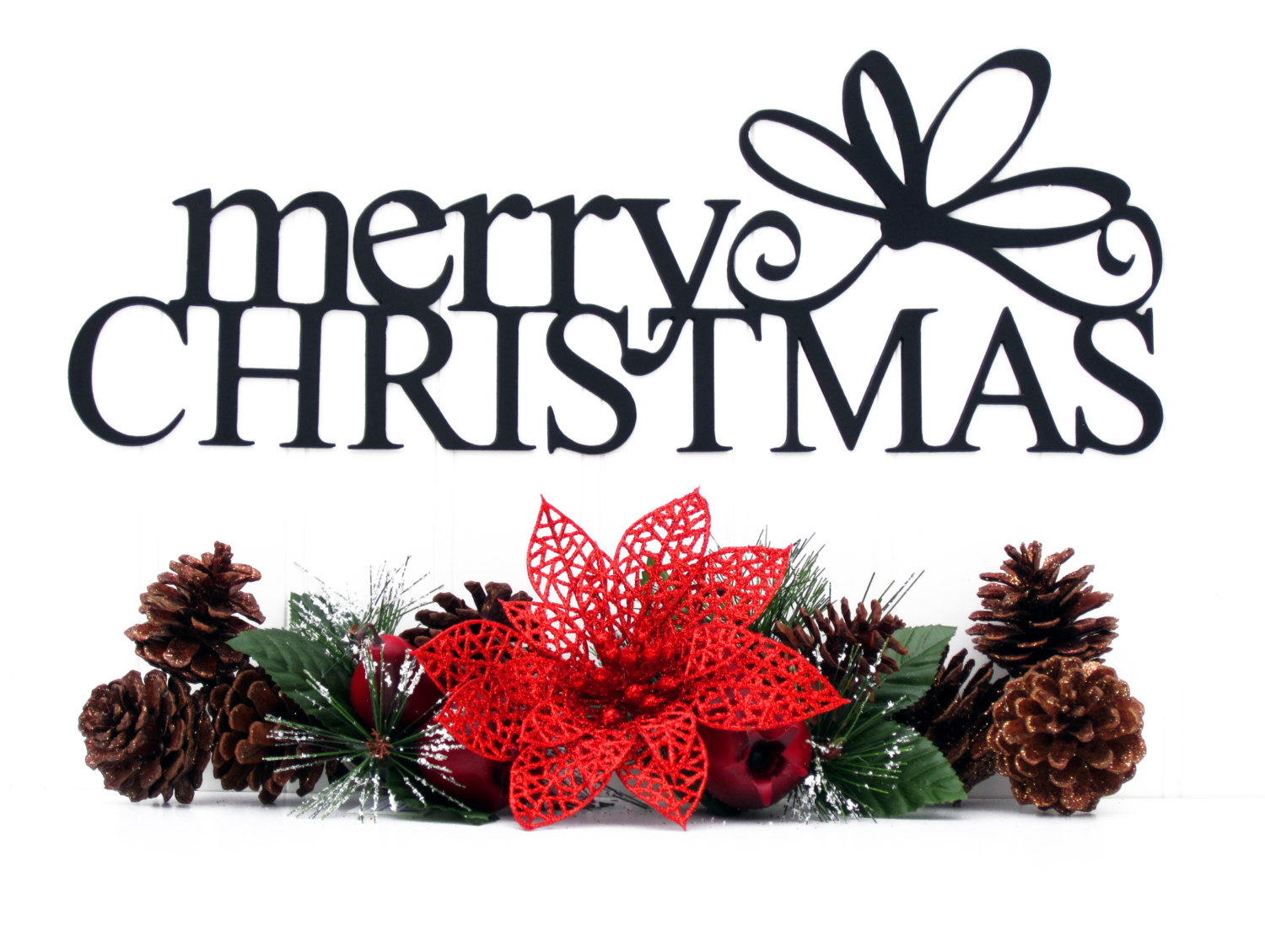 Merry Christmas Metal Sign with Bow Black by RefinedInspirations