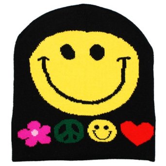 Big Smiley Face On Black Beanie Cap W/ Hearts ...