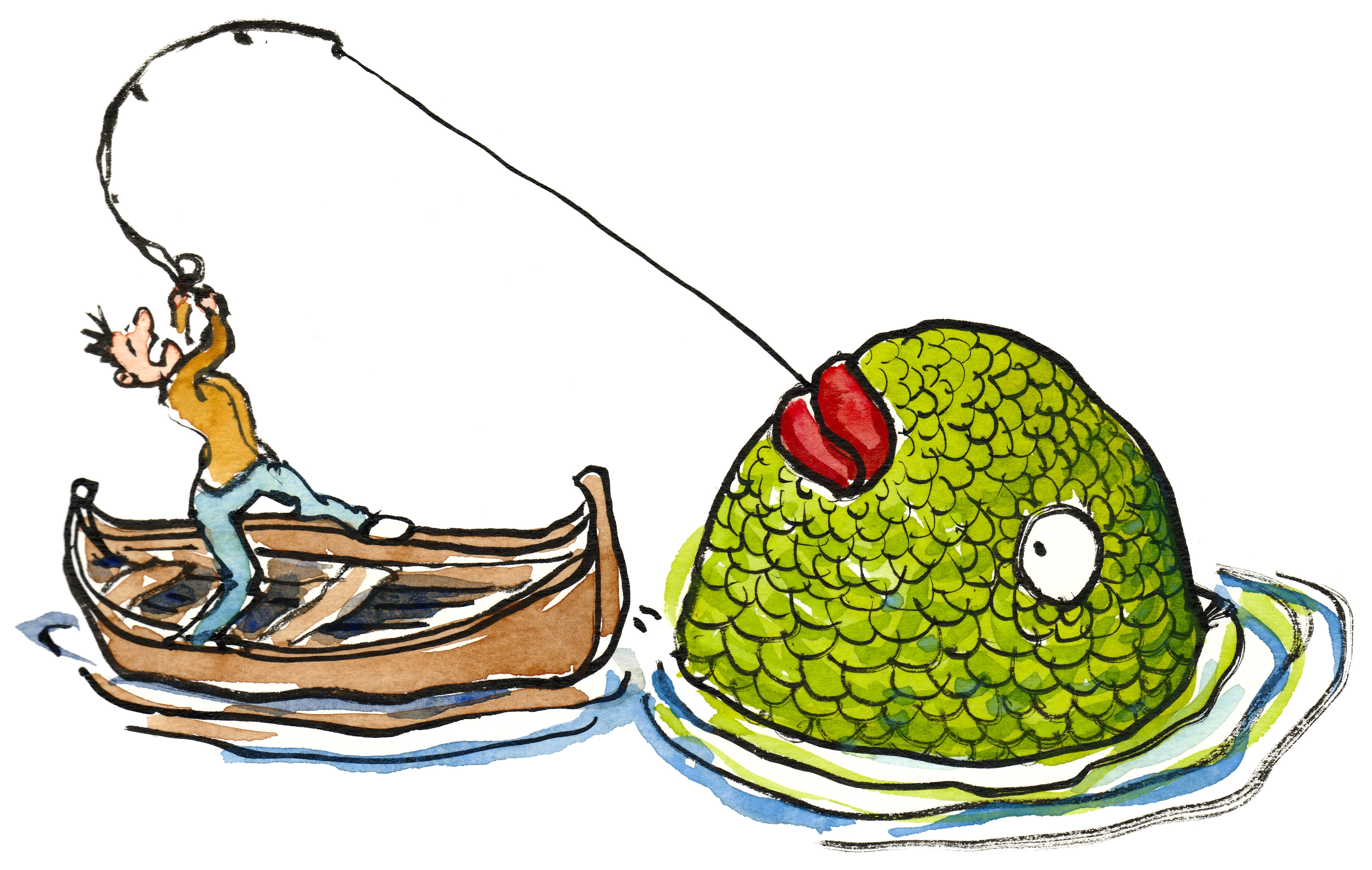 Woman fishing in a boat catching fish clipart