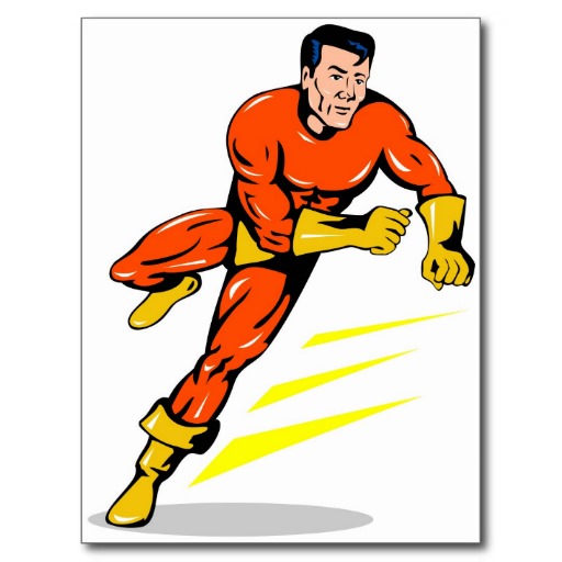 superhero male running punching cartoon postcards from Zazzle.