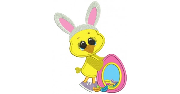 Chick Wearing Bunny Ears and Holding an Egg Easter Applique ...