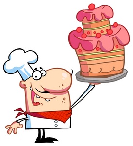 Chef Clipart Image - A Smiling Chef With a Large Birthday Cake.