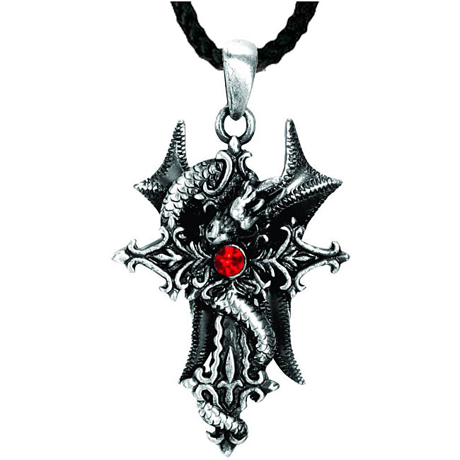 Pewter Red Crystal Dragon and Gothic Cross Necklace - Overstock ...
