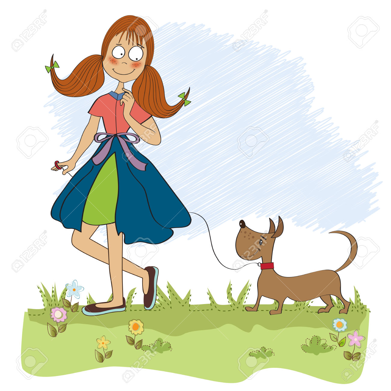 Dog walking girl clipart