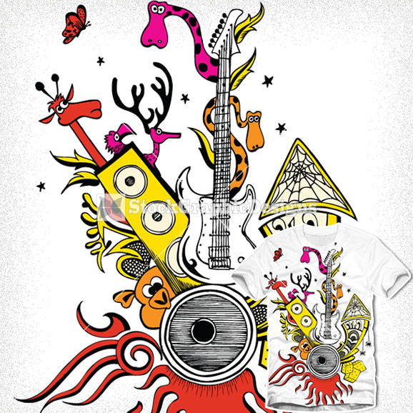 Vector Tee Design with Cute Funny Cartoon Animals and Guitar ...