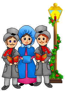 Christmas clip art of Victorian group singing by street lantern