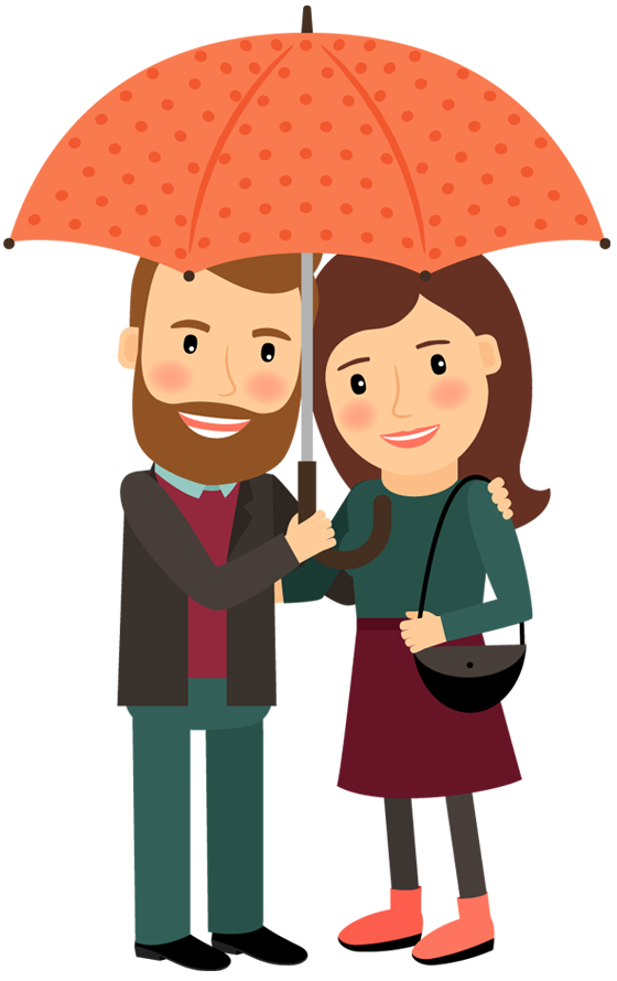 Happy cartoon couple under umbrella in love hugging | 1designshop