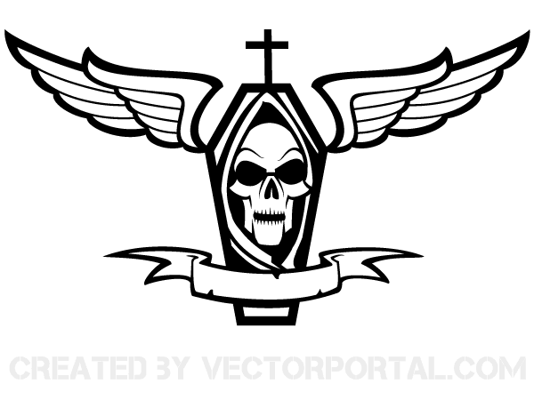 Vector Coffin with Cross, Skull, Wings and Ribbon | 123Freevectors
