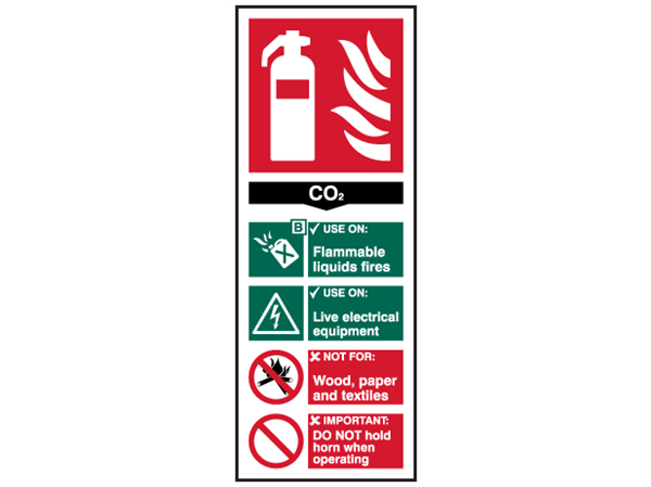 FIRE EXTINGUISER CARBON DIOXIDE SIGN 200mm x 75mm SELF ADHESIVE STICKY BACKED 
