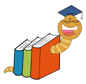 Bookworm Clipart Image: A happy bookworm working his way through three books