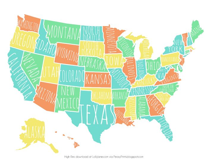 Colorful USA Map free printable - Lolly Jane