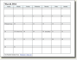 Free Printable March Calendar 2012 2013 2014