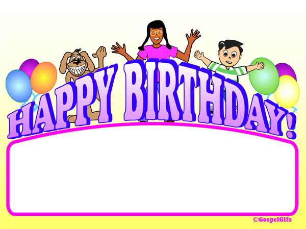 Christian Clip Art: Happy Birthday image with GospelGifs characters