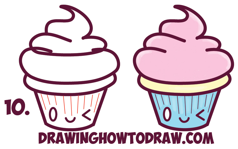 How to Draw Cute Kawaii Cupcake with Face on It - Easy Step by ...