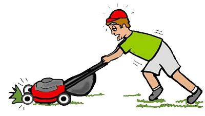 Exhausted Man Pushing Lawnmower