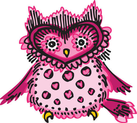 Stock Illustration - A pink owl with hearts and spots on its chest