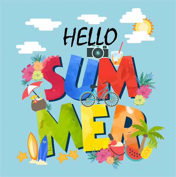 Summer banner design with colorful texts and symbols Free vector ...