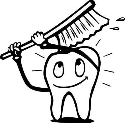 A tooth with a smiley face brushing with a toothbrush