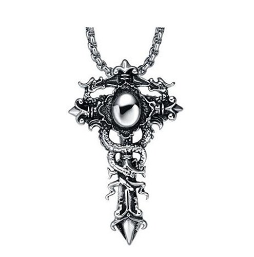 Stainless Steel Men's Double Dragon Cross Sword Pendant Necklace ...