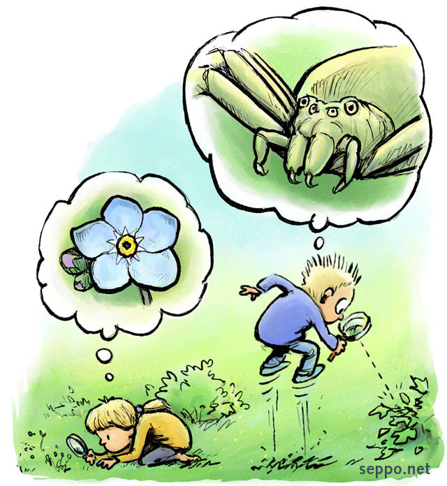 Kids - Spider in loupe - Environmental Cartoons