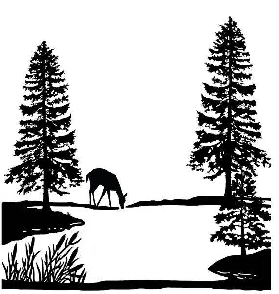 Pine tree scene clipart black and white