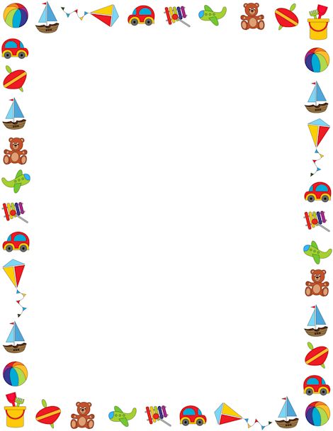 Colorful border on a white background featuring children's toys ...