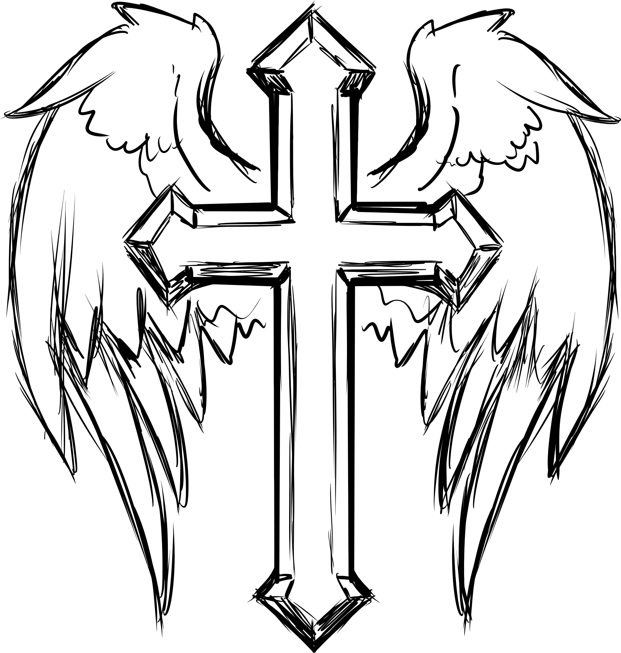Clipart - Cross With Wings Line Art