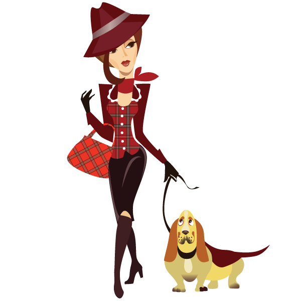 Woman walking dog on beach clipart