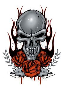 Flame Skull Sticker 4.75&#034;x 6&#034; Silver skull and red rose ...